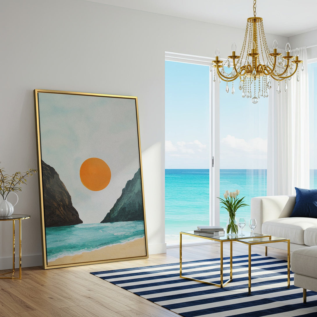 Canvas Print of a beach scene with an orange sun, in a minimalist style. Features a calming blue, orange, and neutral color palette. Perfect for coastal decor.