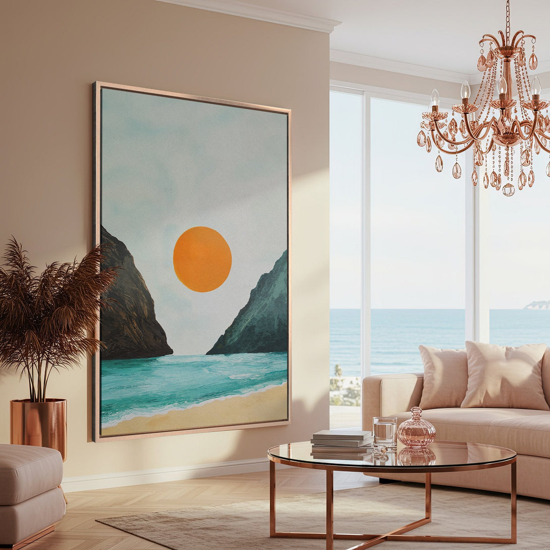 Framed Wall Art: Coastal landscape Canvas Print with orange sun, turquoise water, and neutral color palette, perfect for modern home decor.