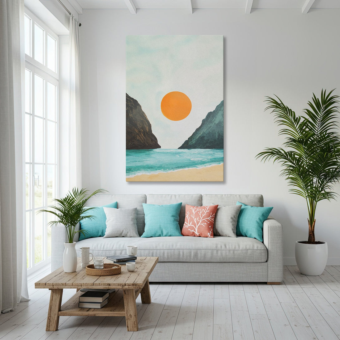 Framed Wall Art: Coastal landscape canvas print in a modern living room. Features a beach scene with a teal, orange, and neutral color palette.