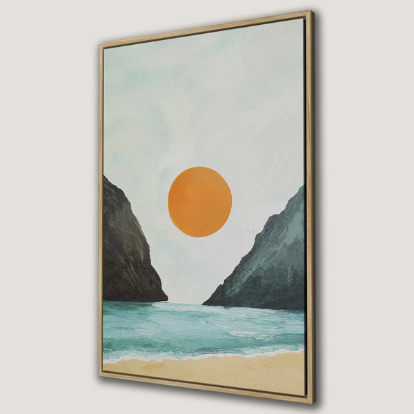 Framed Wall Art: Abstract beach scene with a warm orange sun, teal water, and earthy tones. Coastal art for a calming interior.