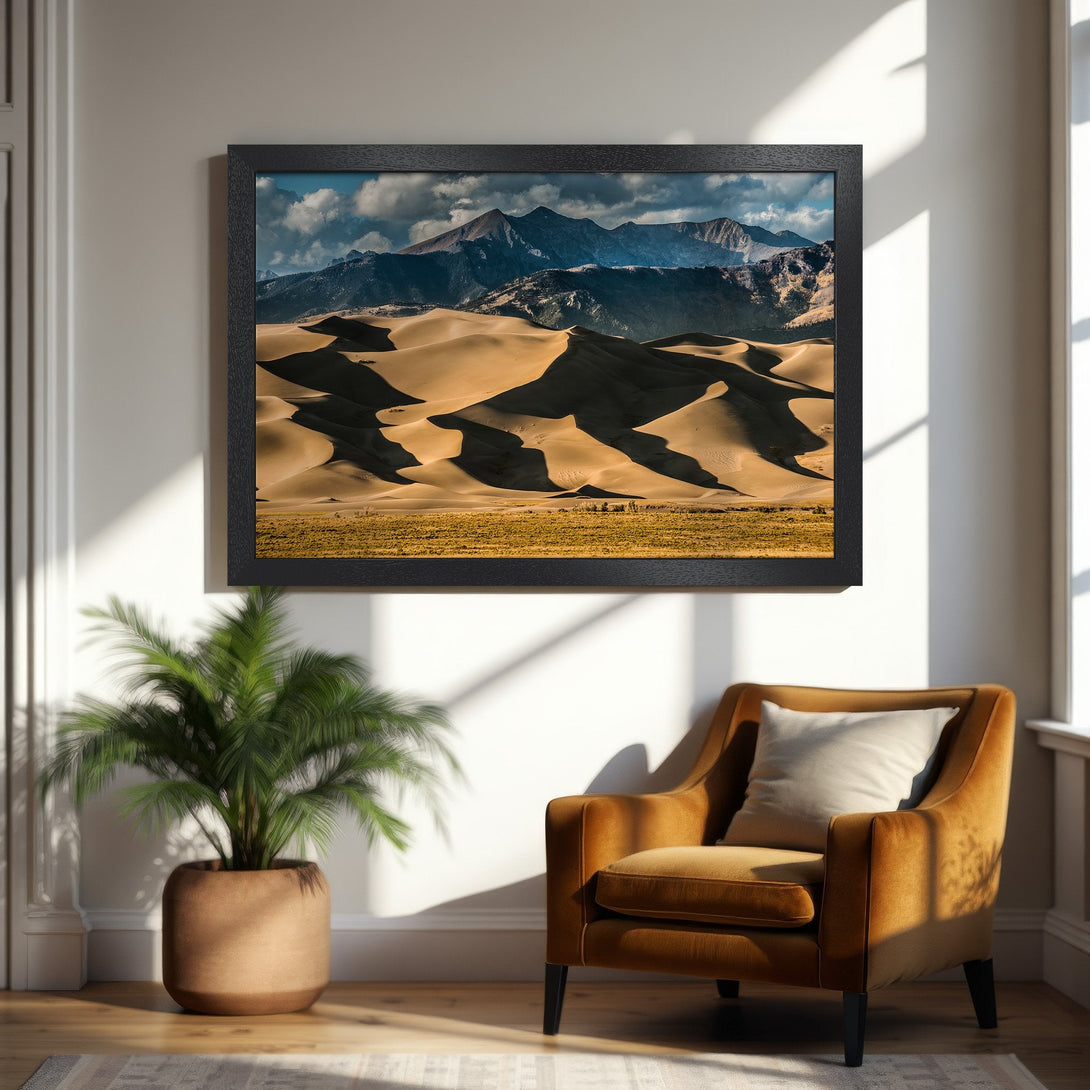 Framed Poster featuring a desert landscape with mountains, warm tones, and a modern style. Perfect wall art for your home!