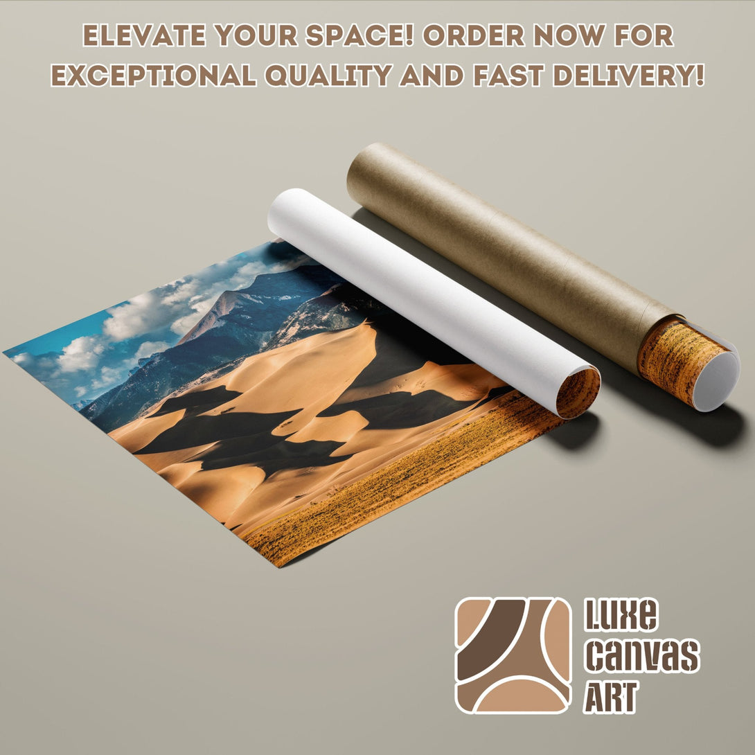 Poster Roll featuring a desert landscape print with warm earth tones and blue sky. Elevate your space!