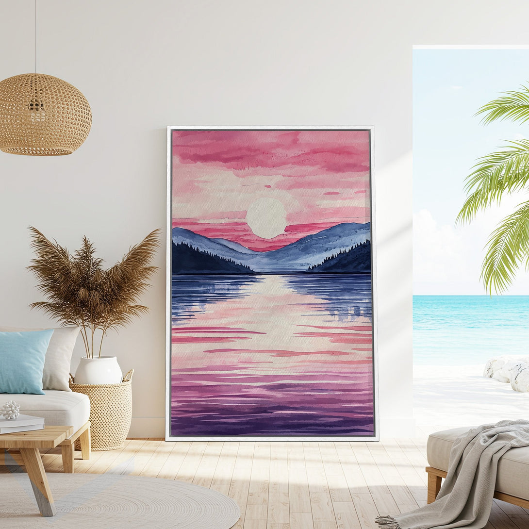 Framed Wall Art featuring a watercolor sunset over a lake, in pink and blue hues. Perfect for adding a calming touch to any space.