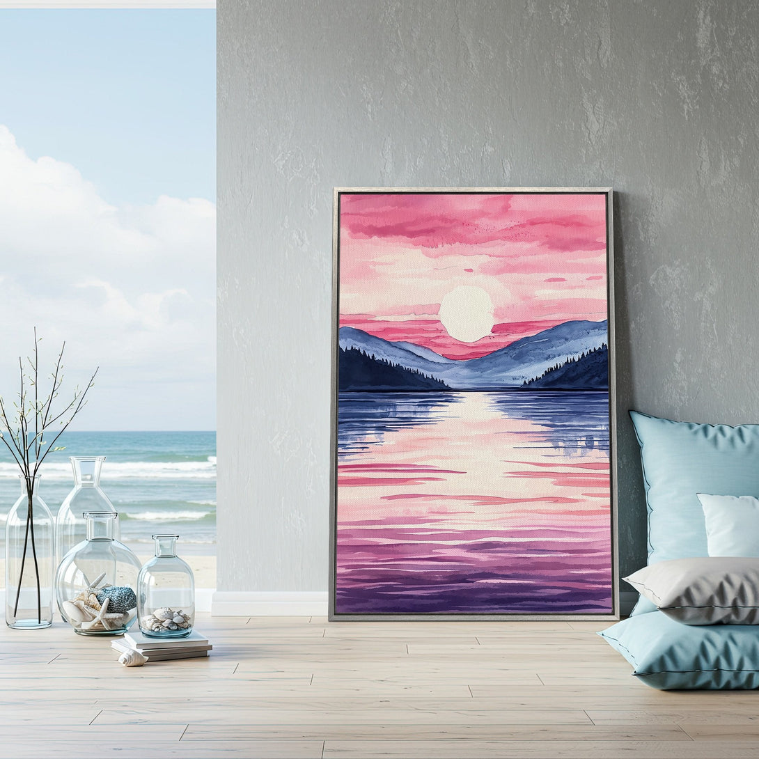 Framed Wall Art: Watercolor landscape Canvas Print with pink and blue sunset over water. Perfect for coastal decor!