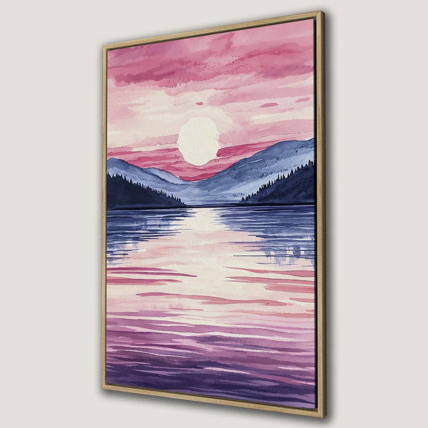 Framed Wall Art Canvas Print: Watercolor landscape with sunset over lake, featuring pink and blue hues. Perfect for adding serene art to your home decor.