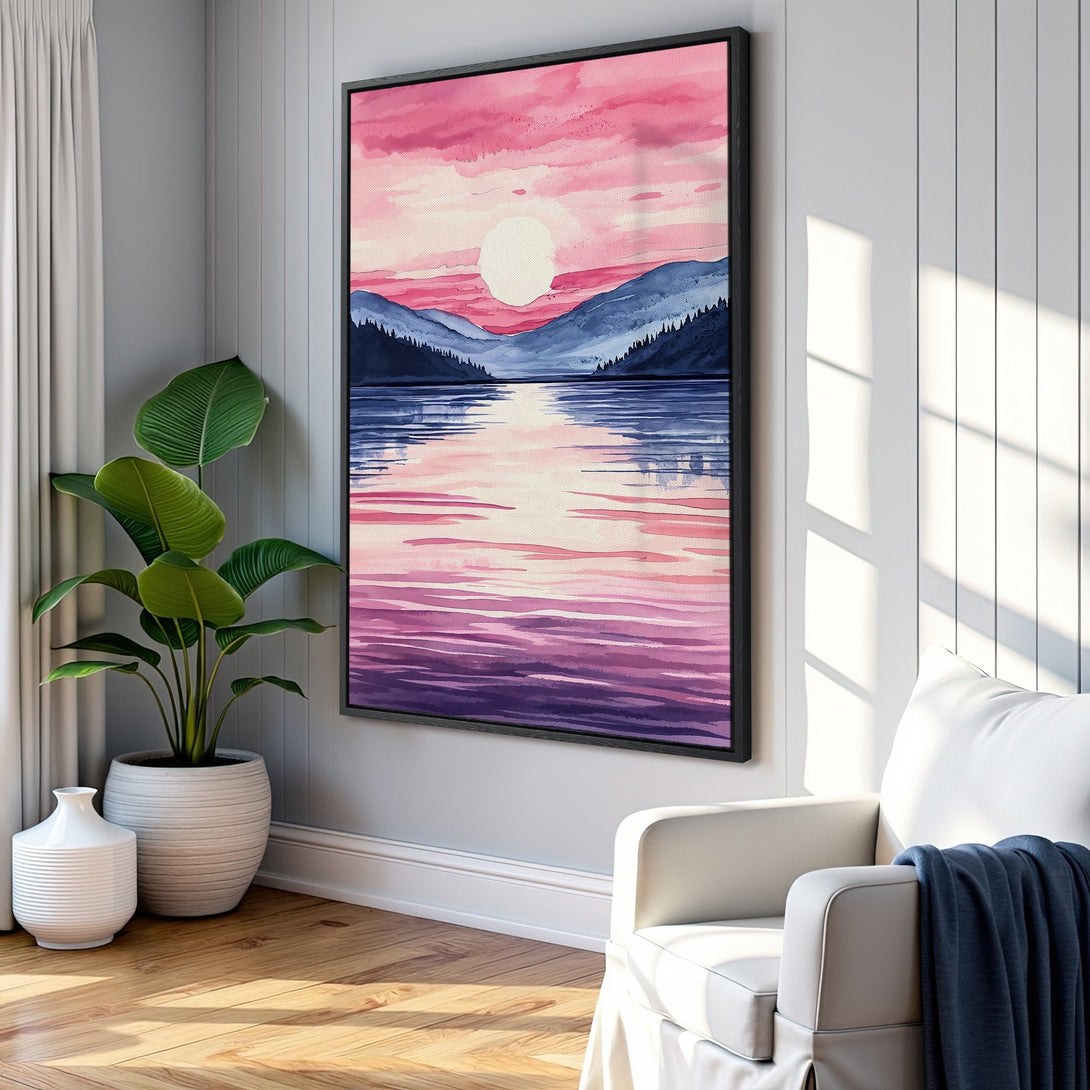 Framed Wall Art: Watercolor landscape canvas print in pink, purple, and blue tones. Adds a serene touch to any room. Shop now for beautiful wall decor!