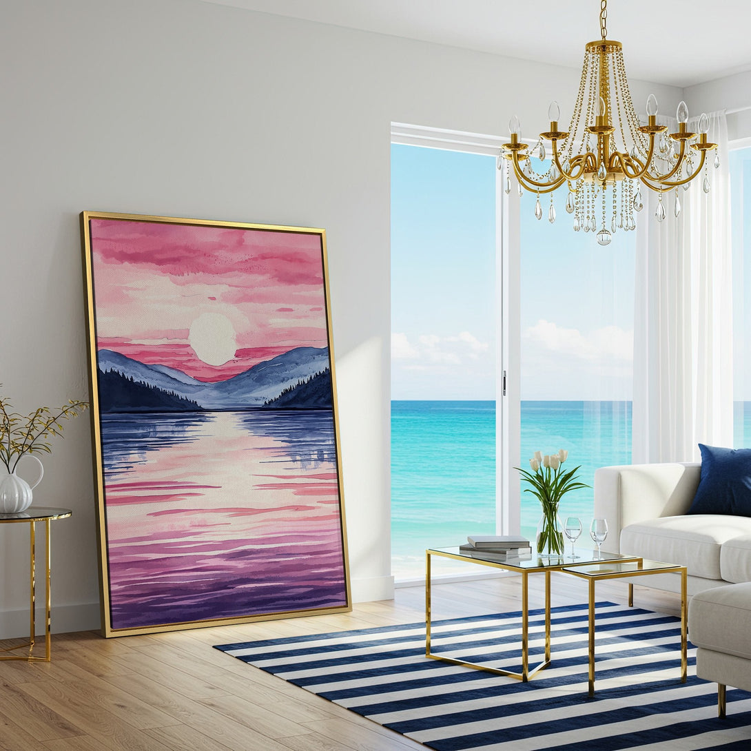 Canvas Print of a watercolor sunset over a lake, featuring pink, purple, and blue hues. Add a touch of serenity to your space!