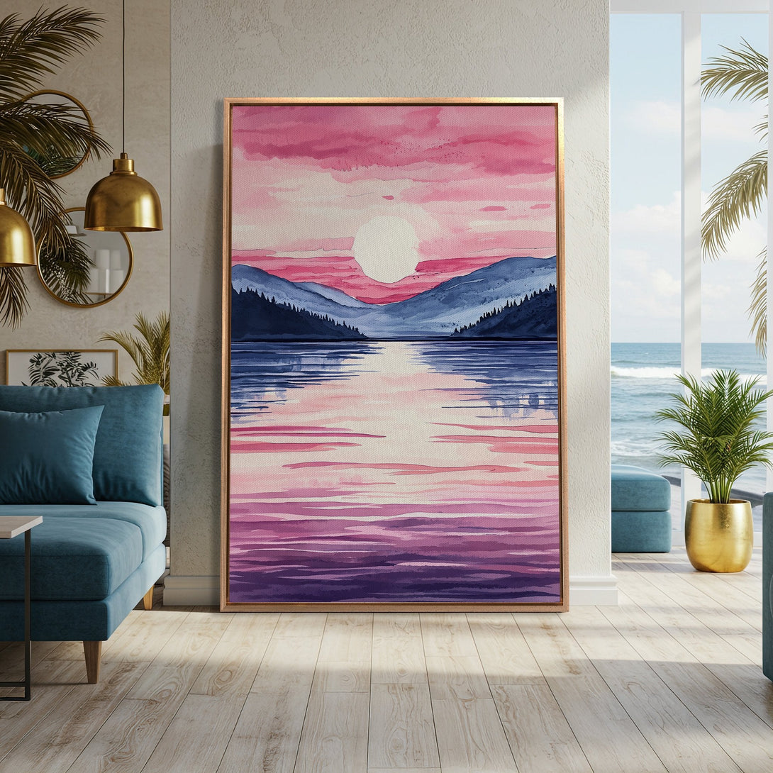 Framed Wall Art featuring a watercolor sunset over a lake, in pink and blue hues. Stunning landscape Canvas Print adds a touch of serenity to any space.