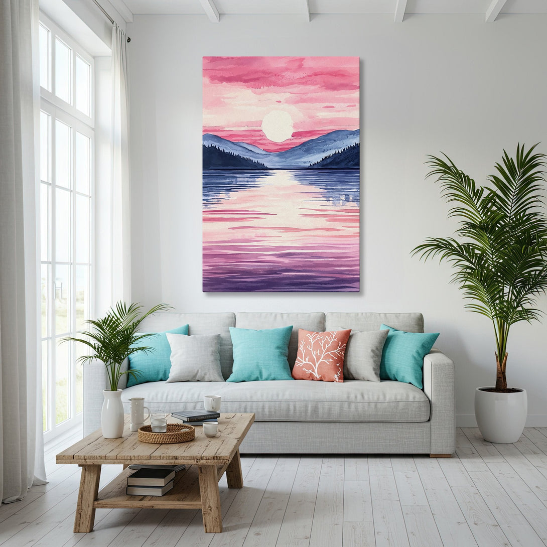 Framed Wall Art: Watercolor landscape Canvas Print with pink, blue, and purple hues. Coastal living room decor, perfect for adding a touch of serenity.