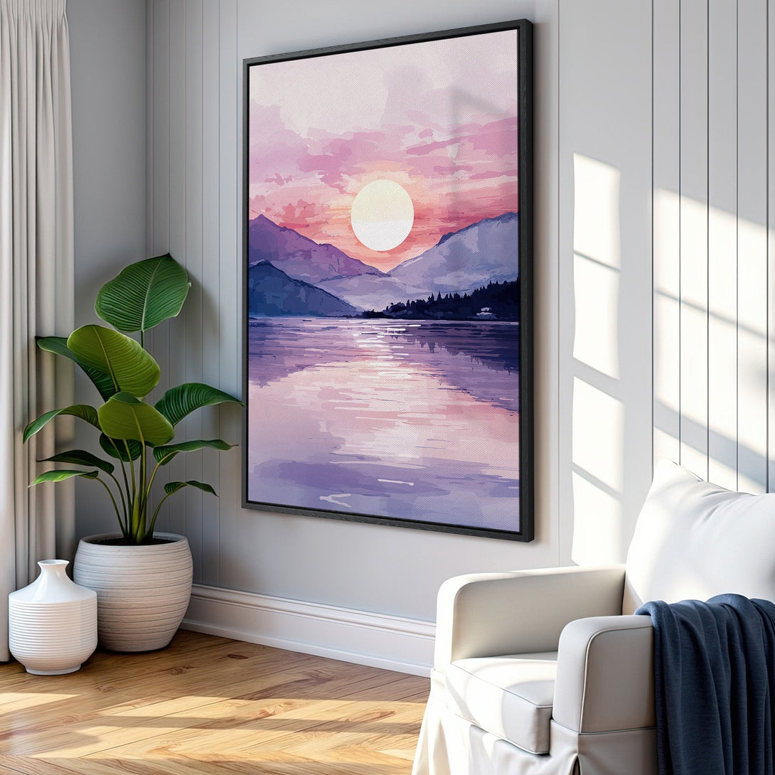 Framed Wall Art: Watercolor landscape Canvas Print with sunset over lake. Features purple, pink, and blue hues, perfect for serene home decor.