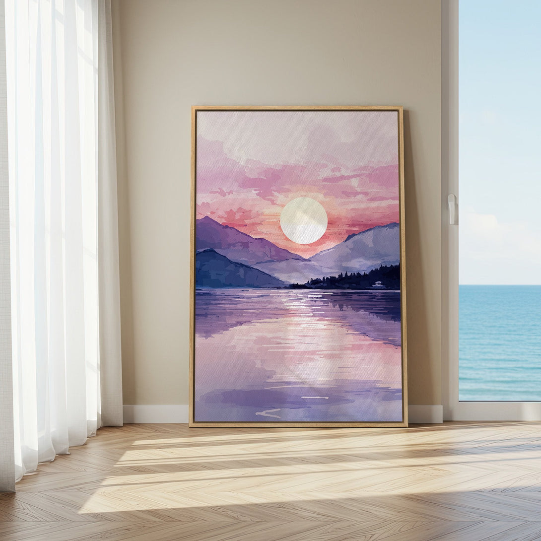 Canvas Print of a serene sunset landscape in watercolor style, featuring a pink and purple color palette, perfect wall art for any room.