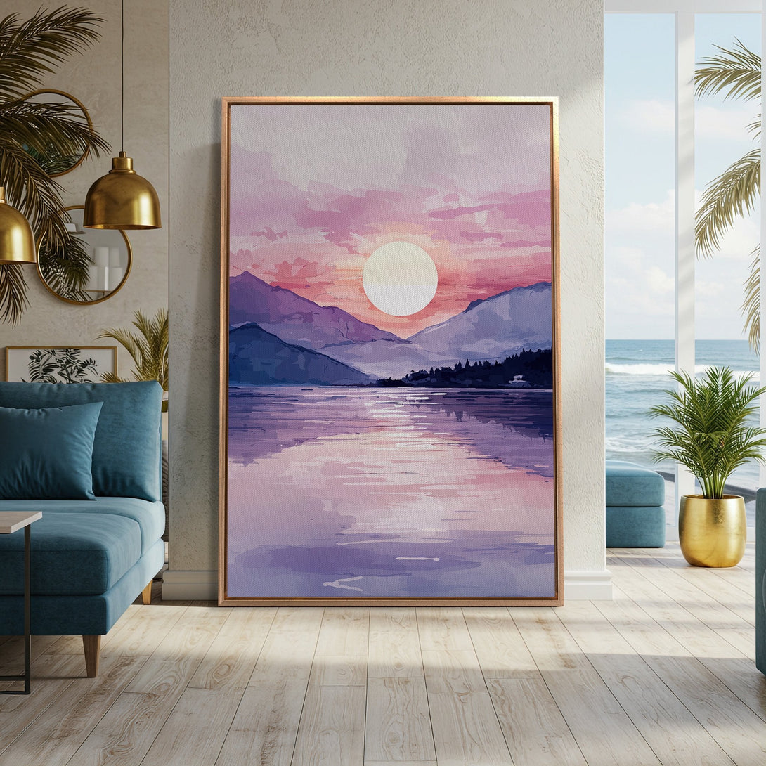 Framed Wall Art: Watercolor sunset over mountains in a serene, pink and purple palette. Adds a touch of tranquility to any space.