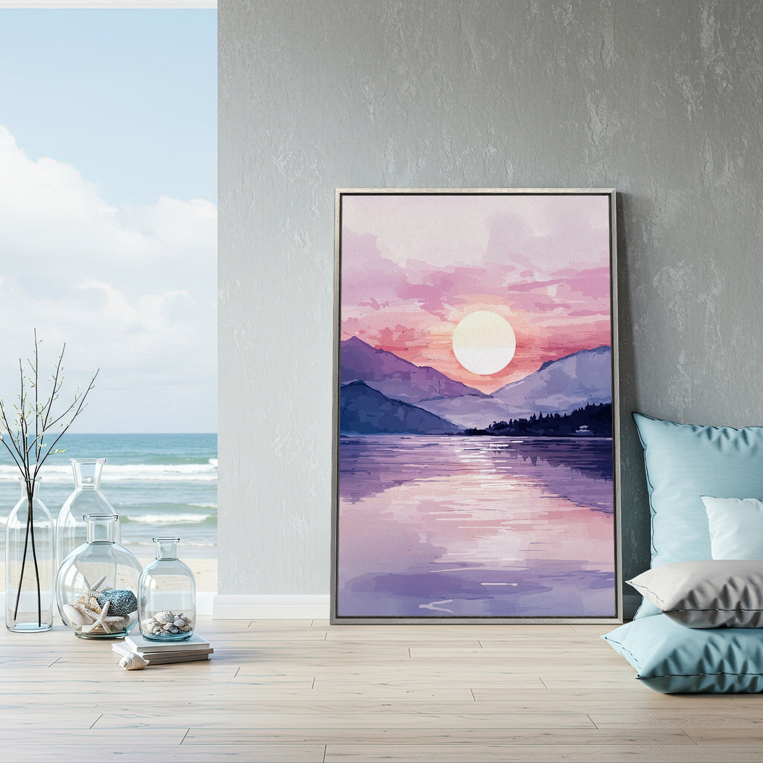 Framed Wall Art: Watercolor landscape Canvas Print with sunset over mountains. Features a serene pink and purple color palette.