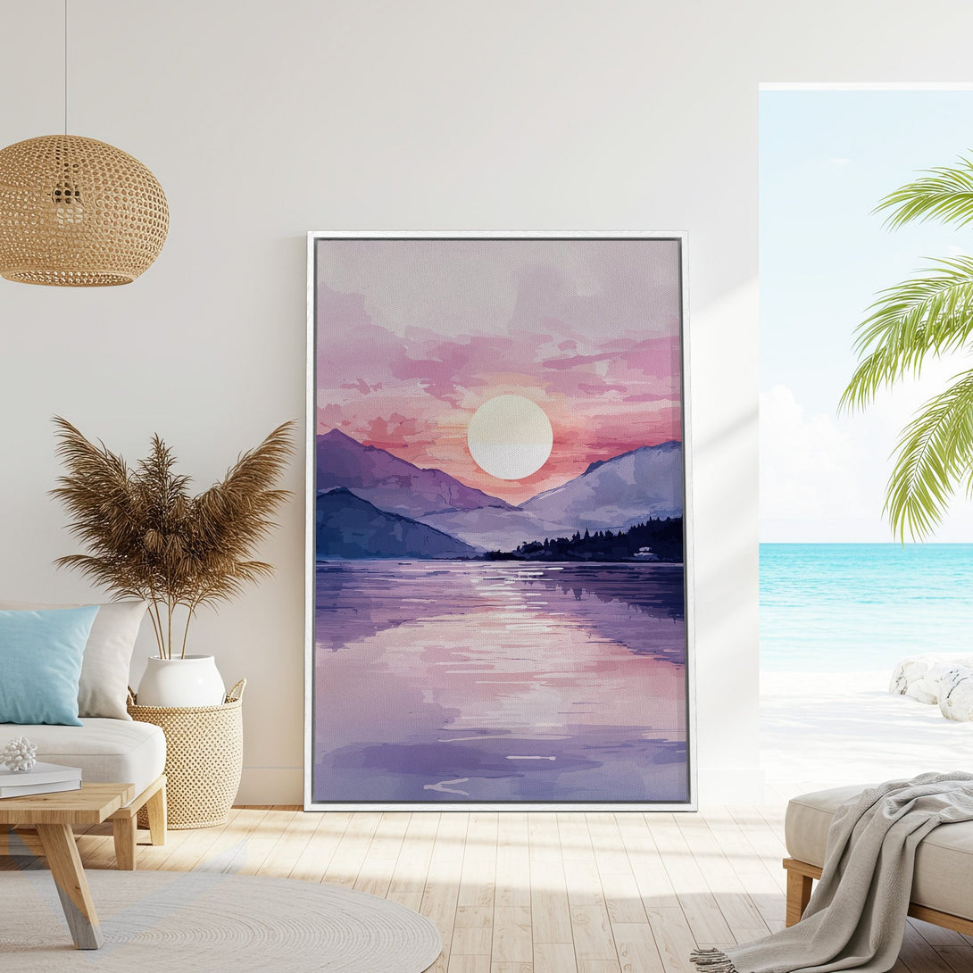 Framed Wall Art featuring a watercolor landscape with a sunset over water, in a purple and pink color palette, perfect for coastal decor.