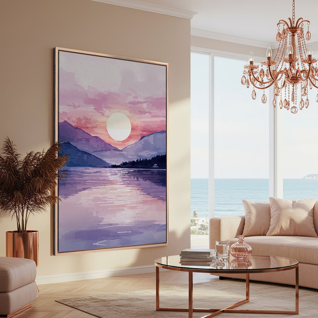 Framed Wall Art: Watercolor landscape Canvas Print in a modern interior. Features a sunset over a lake with a purple, pink, and blue color palette.