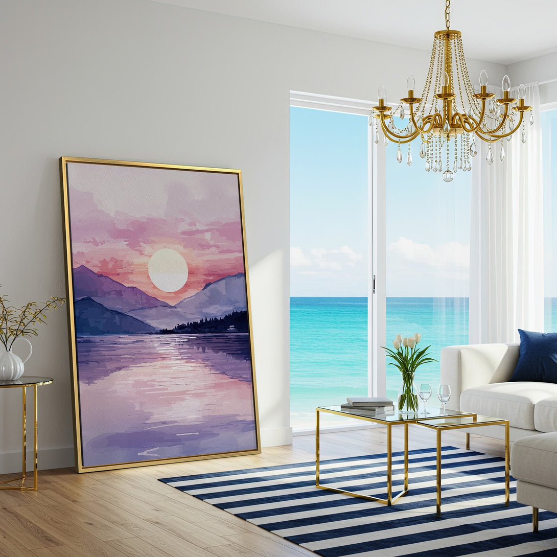 Canvas Print of watercolor sunset landscape in a living room. Featuring pink, purple, and blue hues. Perfect wall art for a calming space.