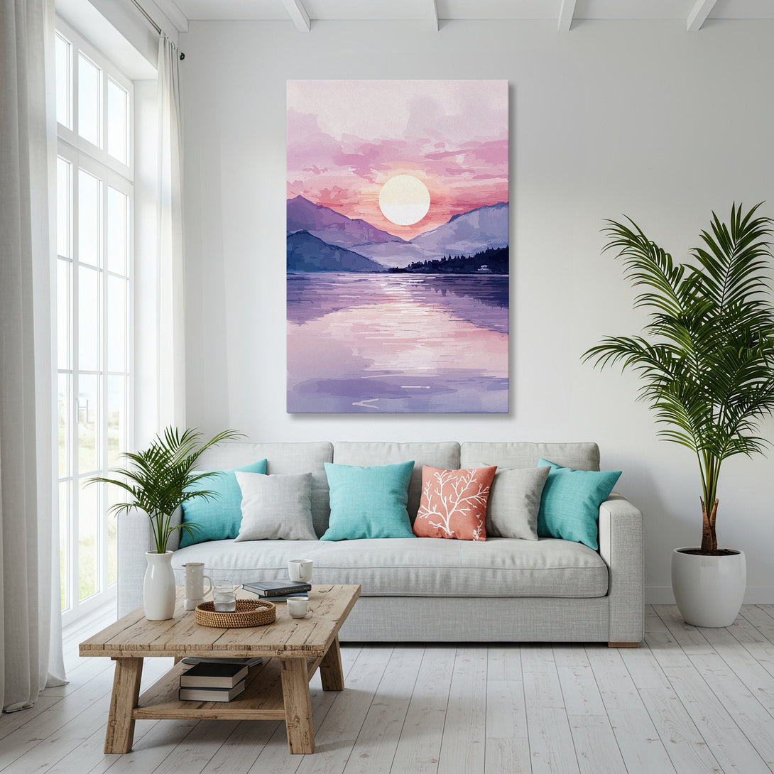 Framed Wall Art: Watercolor sunset over mountains. Coastal decor in pink, purple, and gold. Perfect for living room or bedroom.