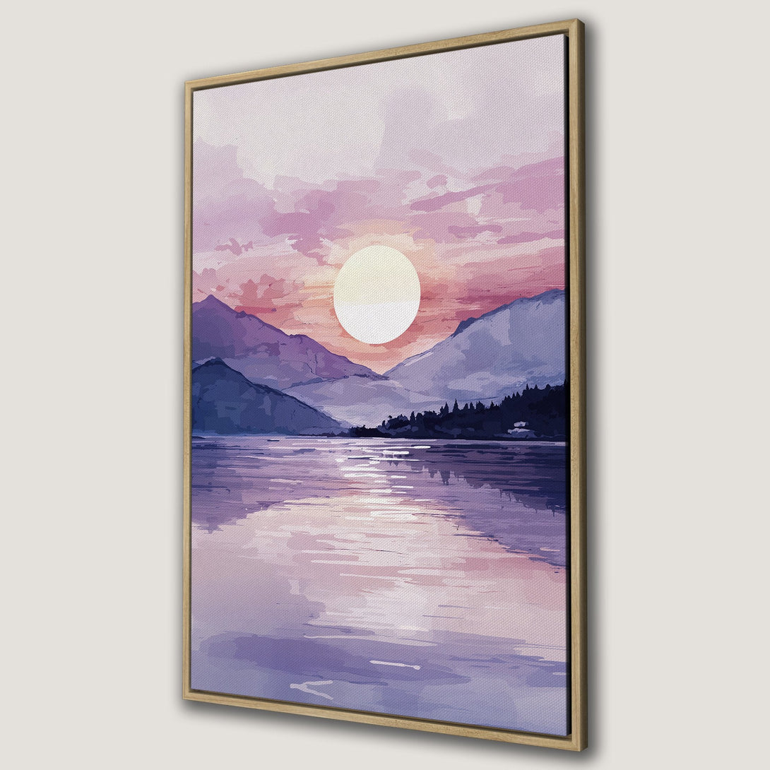 Framed Wall Art: Serene watercolor landscape with sunset over mountains and lake. Featuring a calming purple and pink color palette. Perfect for home decor.