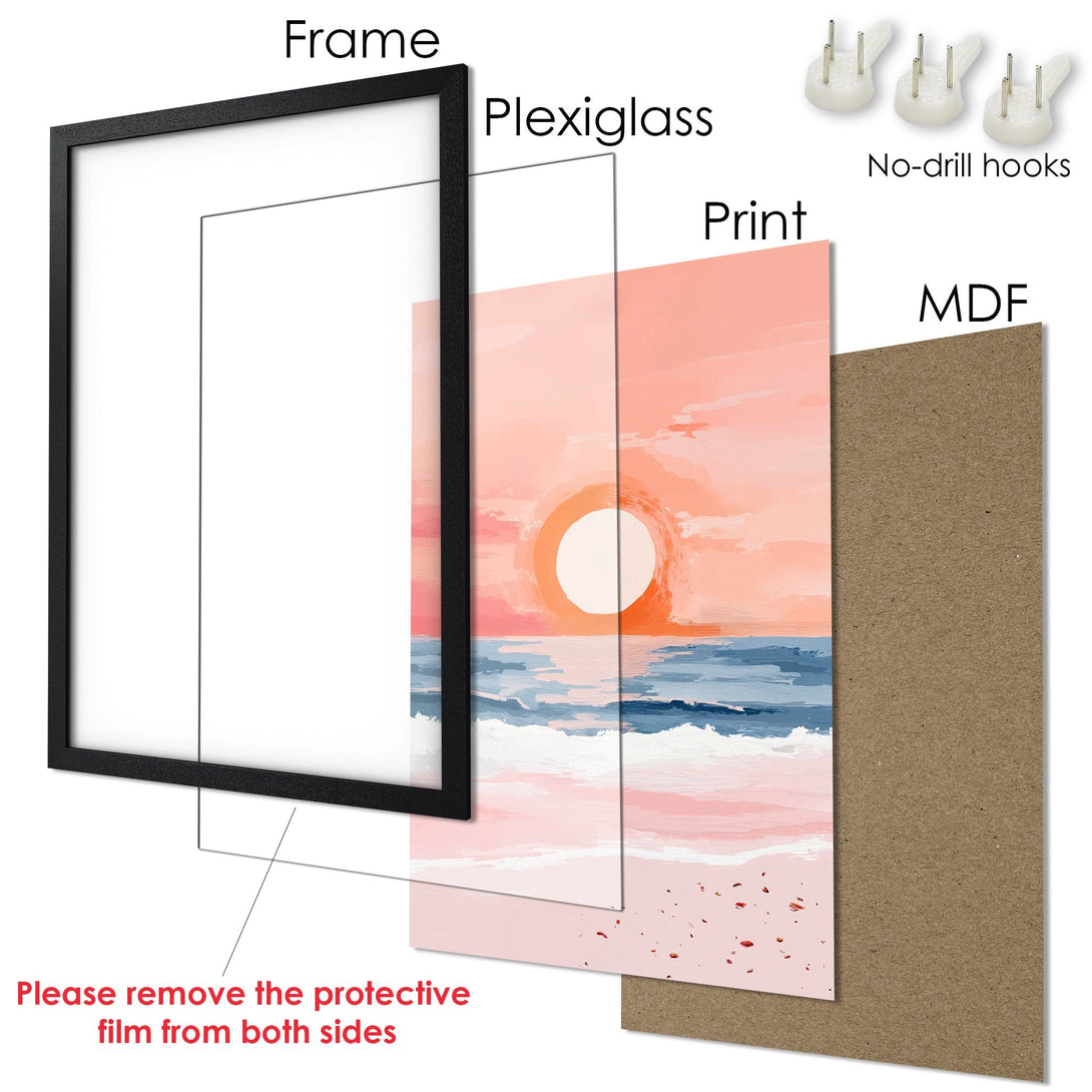 Framed Poster featuring a sunset scene in a modern style, with a pink and blue color palette. Perfect wall art!