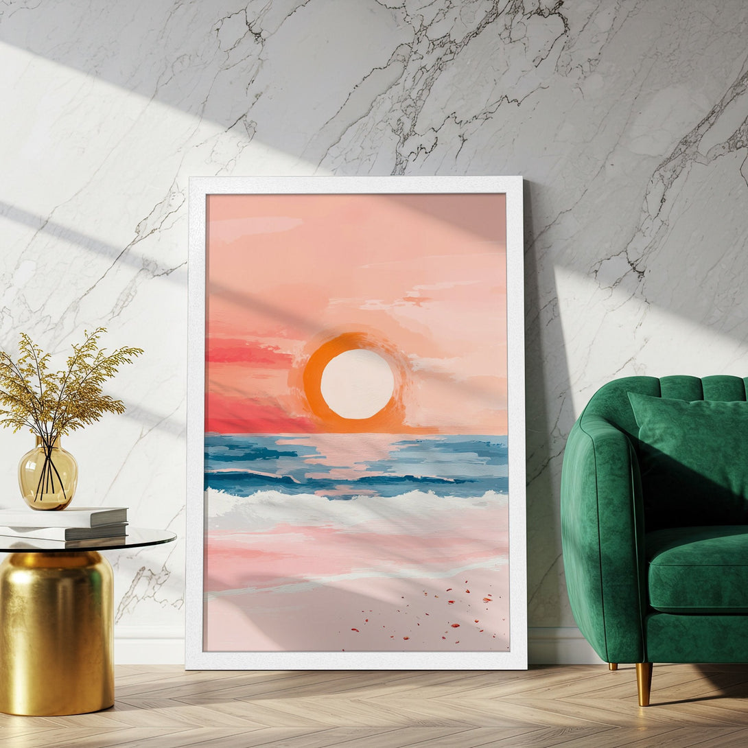Framed Poster: Abstract sunset art print in pink, orange, and blue. Modern style, perfect for home decor. Shop the art poster now!