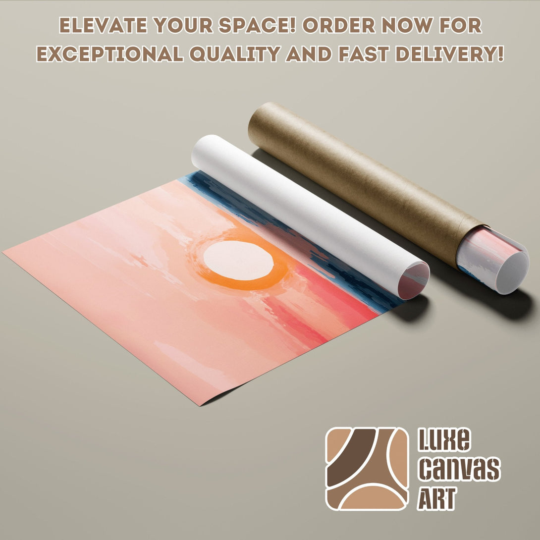 Abstract art poster roll with warm pink, orange, and blue tones. Elevate your space with Luxe Canvas Art.