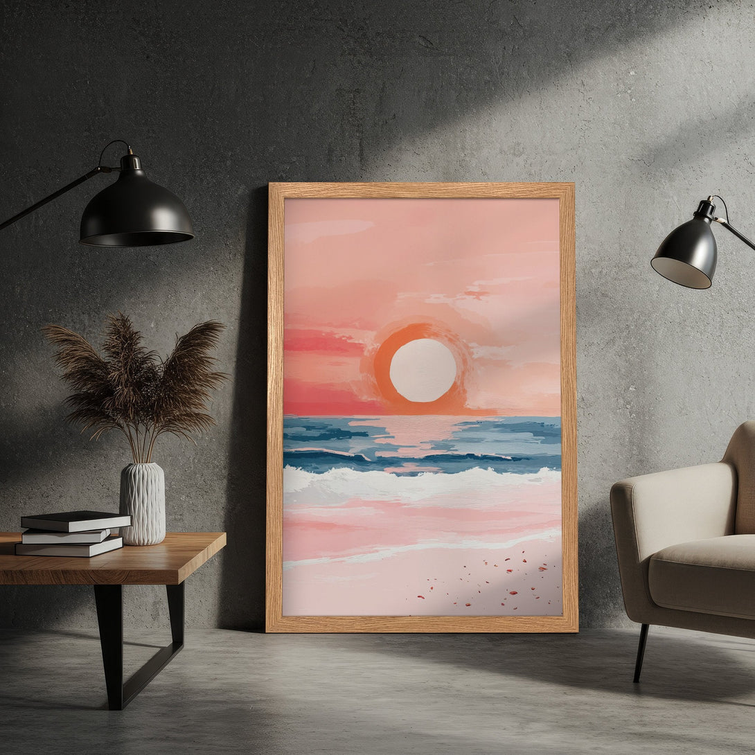 Framed Poster featuring a sunset over the ocean in an abstract style with a warm pink and blue color palette. Perfect wall art!