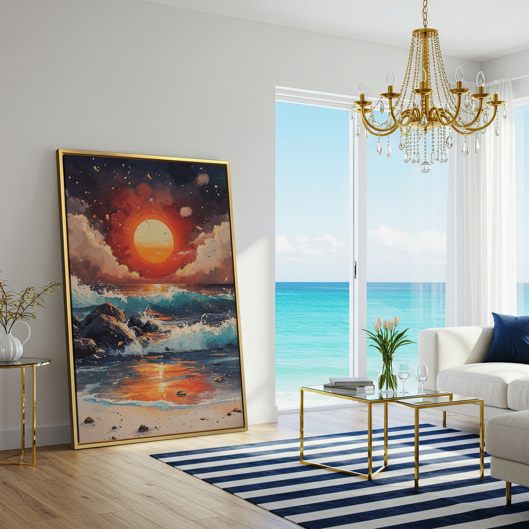 Canvas Print of a sunset over the ocean, in a vibrant watercolor style. Warm orange and blue color palette, perfect for coastal decor.