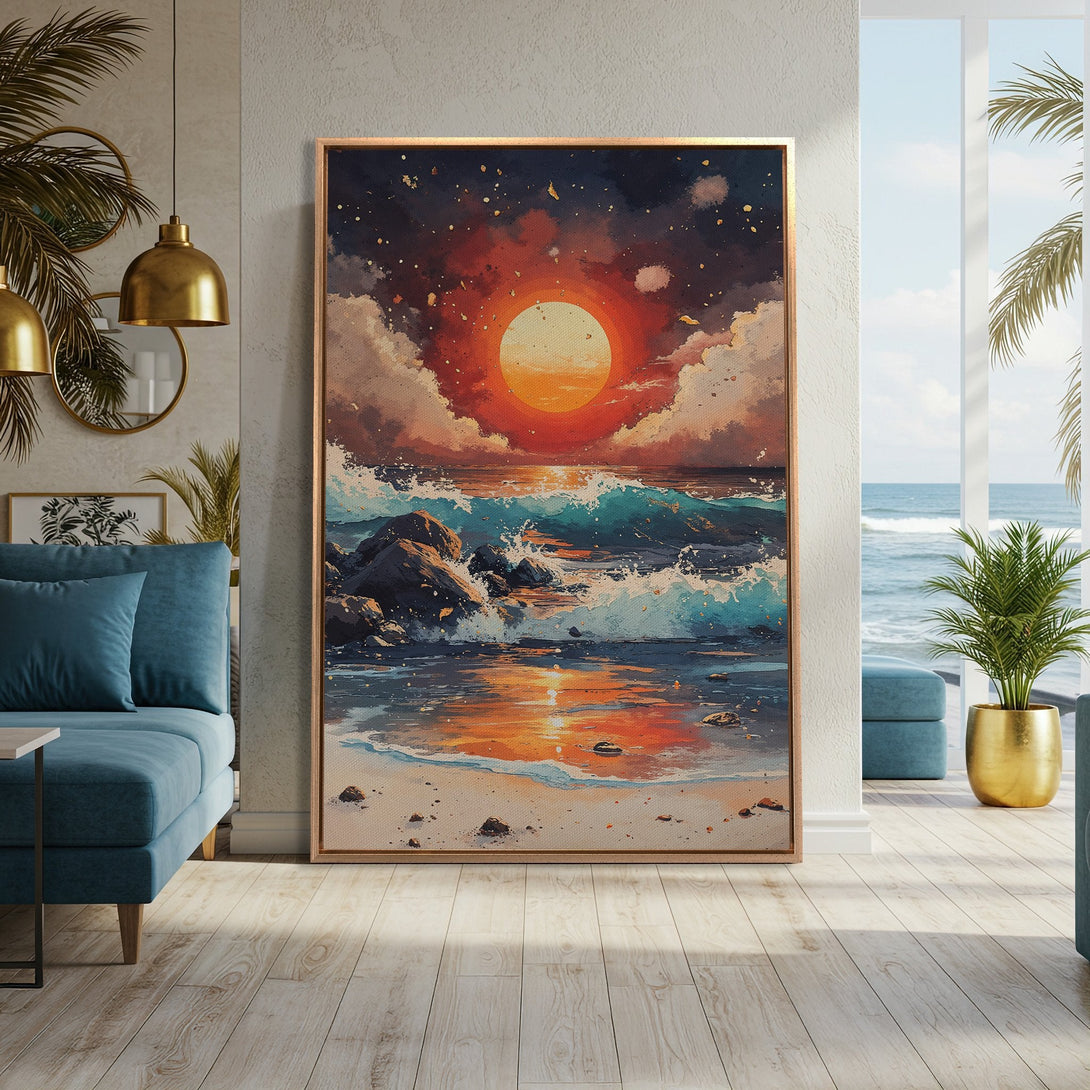 Framed Wall Art: Sunset over the ocean. Watercolor style canvas print with warm orange, blue, and teal tones, displayed in a modern living room setting.