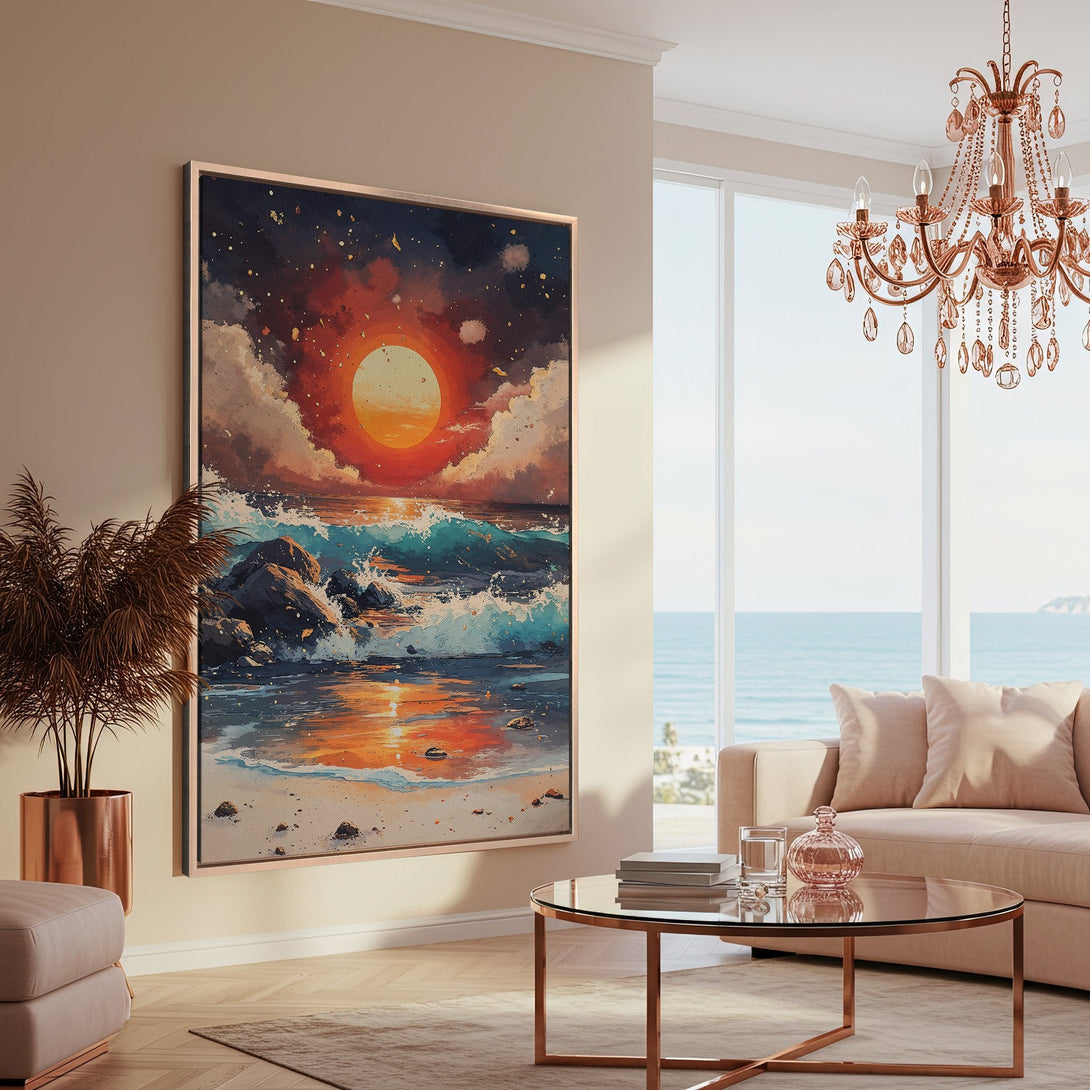Framed Wall Art: Coastal sunset scene in warm orange and blue hues. Adds a touch of serenity and style to any living room. Shop our Canvas Print collection today!