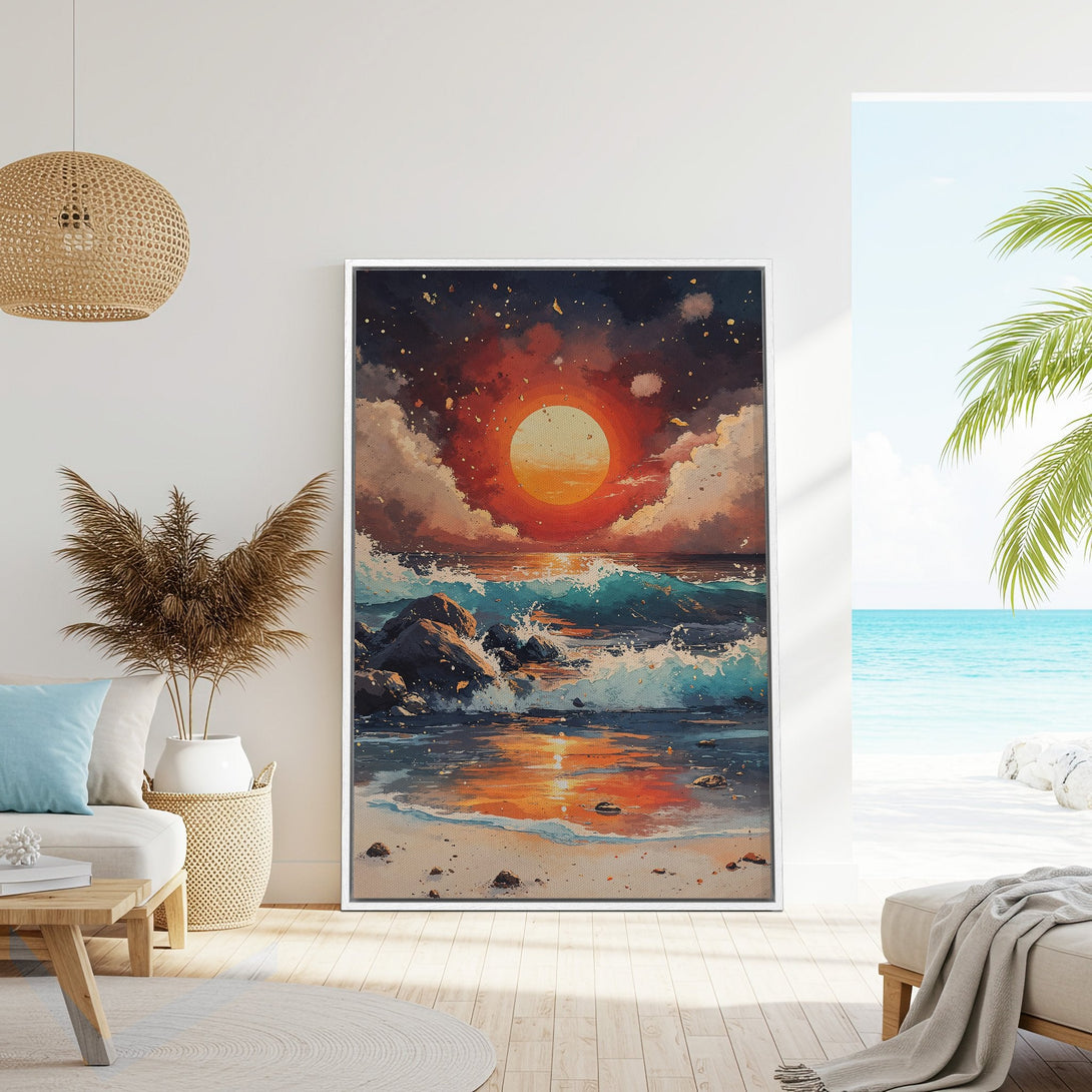 Framed Wall Art: Coastal sunset canvas print in warm orange and blue tones. Perfect beach decor for a serene, stylish living room.