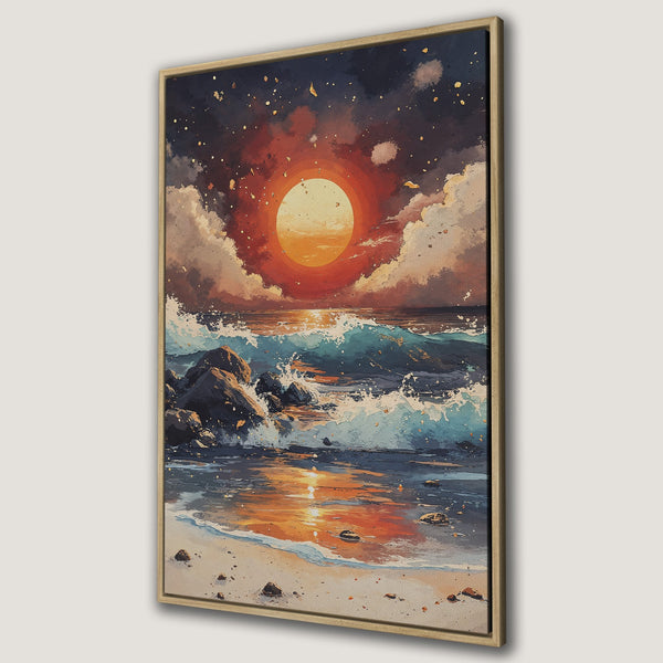 Framed Wall Art: Watercolor sunset over ocean waves. Warm orange, blue, and gold tones. Coastal art for home decor.