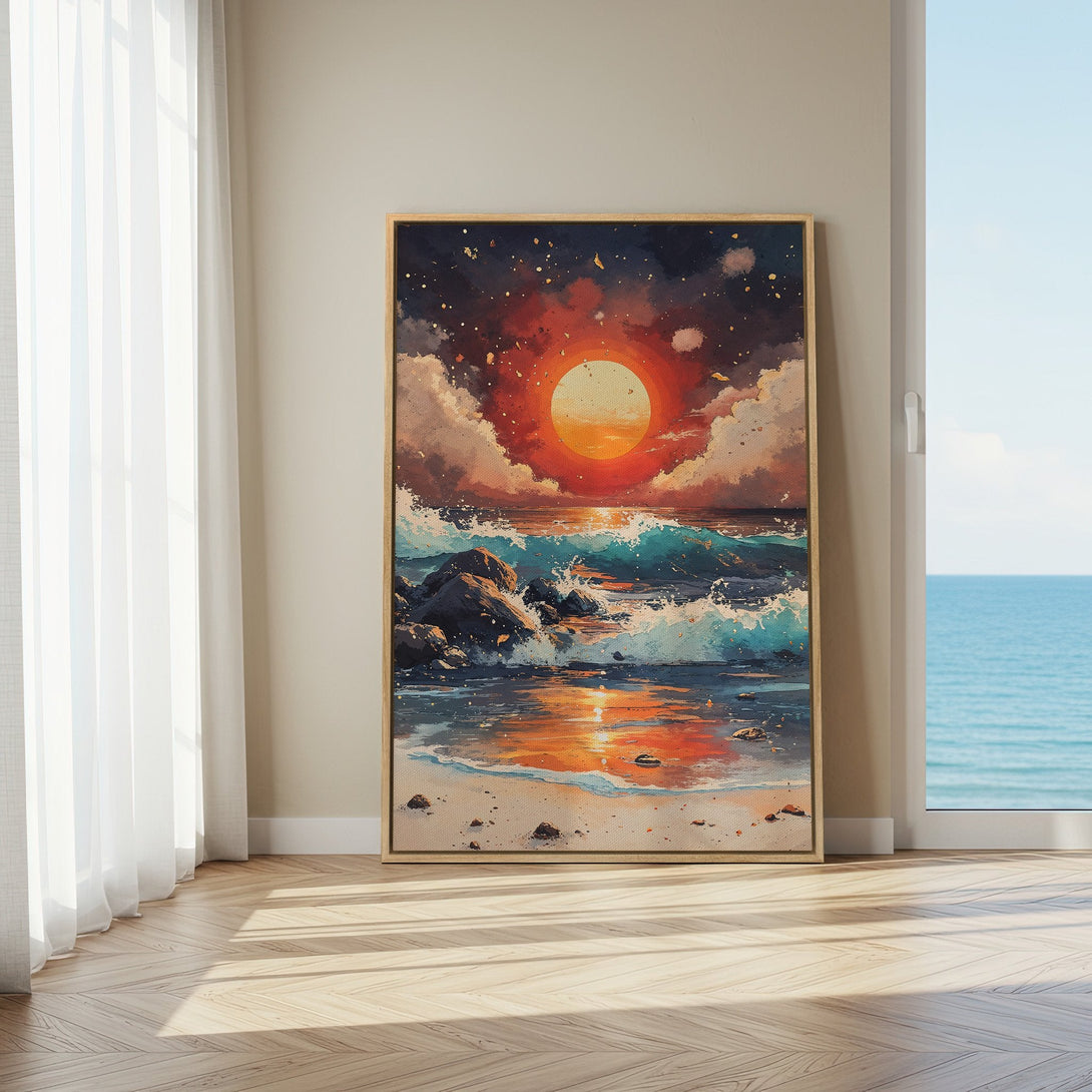Framed Wall Art: Coastal sunset painting in warm orange and blue hues, displayed in a bright interior. Perfect for adding a touch of serenity to your space.