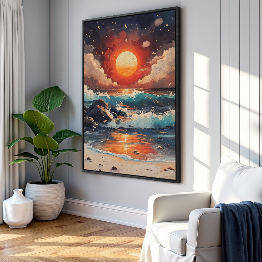 Framed Wall Art: Sunset over ocean waves, warm orange and blue color palette. Coastal art print perfect for living room decor.