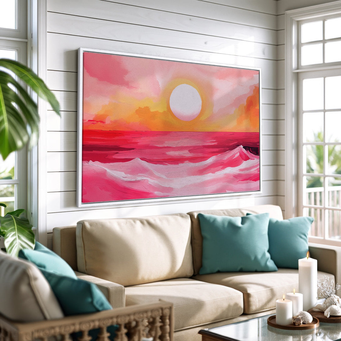 Framed Wall Art: Abstract sunset Canvas Print in warm pink and orange hues. Modern coastal style art for living room decor.