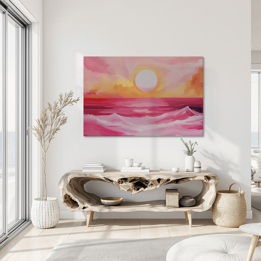 Framed Wall Art: Abstract sunset canvas print in pink, orange, and gold. Modern art for a vibrant home. Coastal decor inspiration.