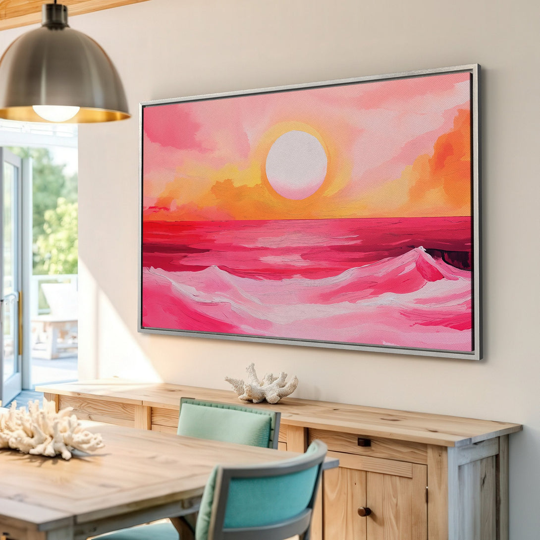 Framed Wall Art: Abstract sunset canvas print in pink and orange hues. Modern art piece perfect for adding a pop of color to your home decor.