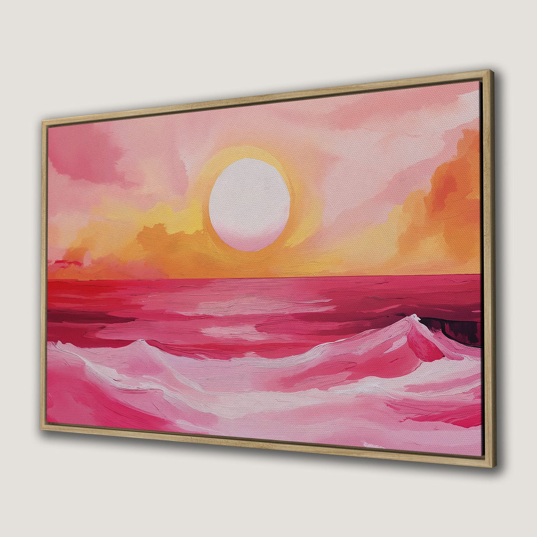 Canvas Print featuring a vibrant sunset over the ocean in a pink and orange color palette. Abstract style wall art to brighten your space.
