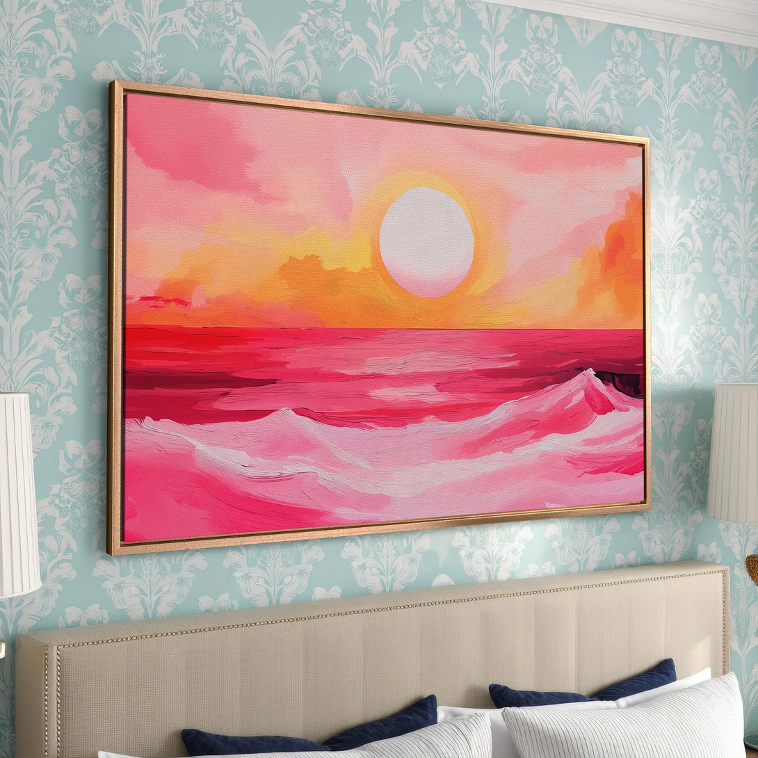 Framed Wall Art: Abstract sunset canvas print in vibrant pink and orange hues. Modern art to brighten any space. Shop our wall decor collection!