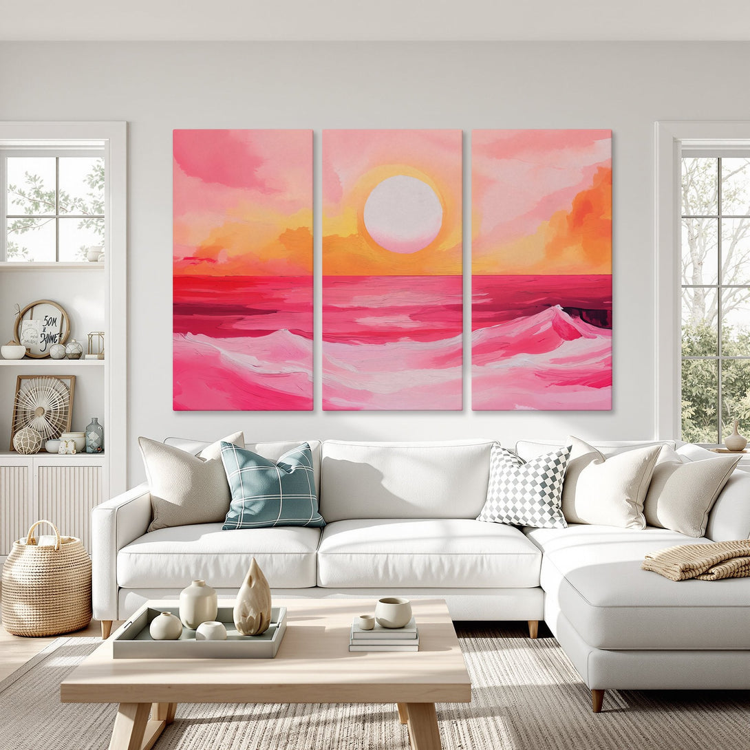 Abstract sunset Canvas Print in pink and orange hues, perfect for adding a pop of color to your living room. Modern wall art.