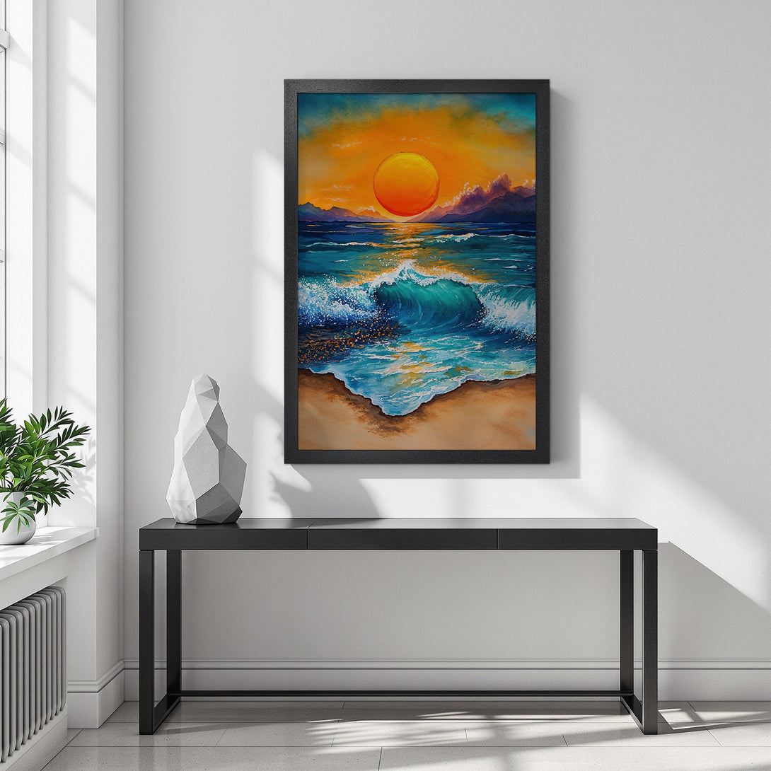 Framed Poster of a sunset over ocean waves. Vibrant, artistic style with warm orange, blue, and teal color palette. Bring the beach to your home!