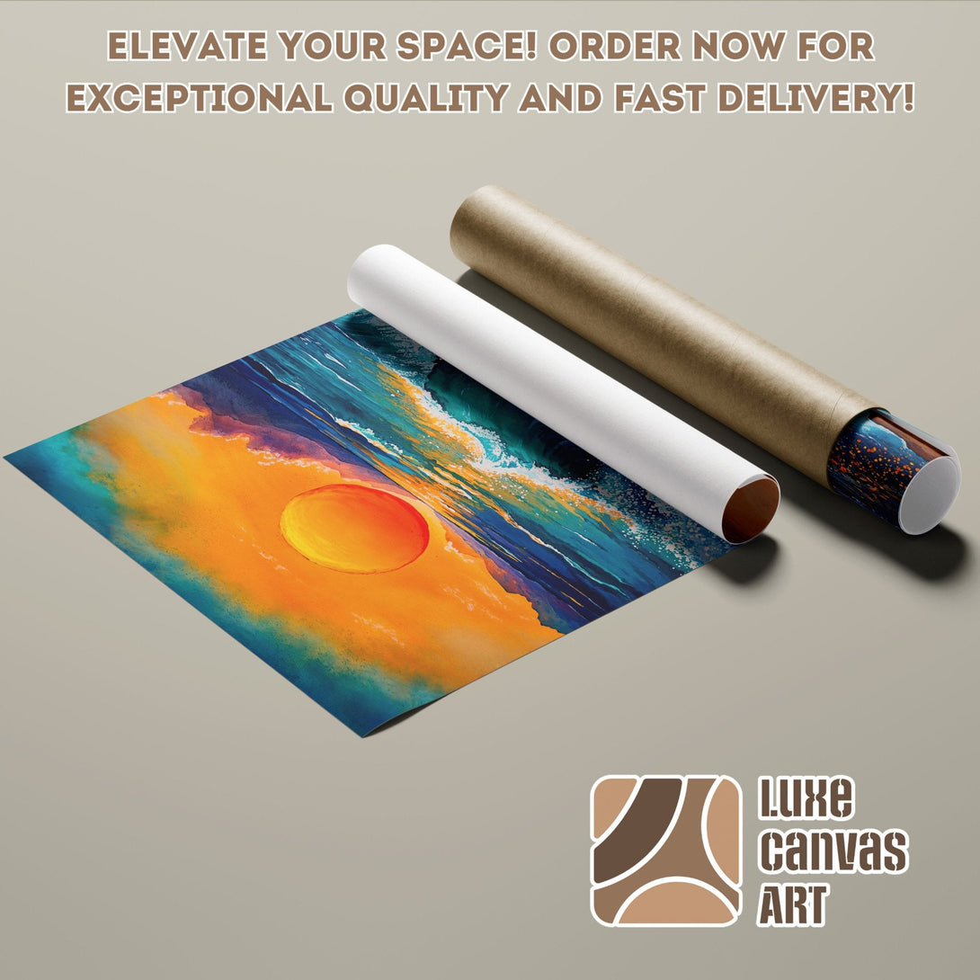 Abstract ocean Poster Roll with vibrant blue, orange, and yellow colors. Elevate your space with Luxe Canvas Art!
