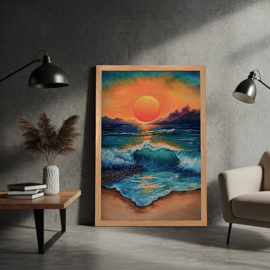 Framed Poster of a sunset over ocean waves. Vibrant watercolor style with orange, blue, and teal color palette. Perfect wall art for your home.