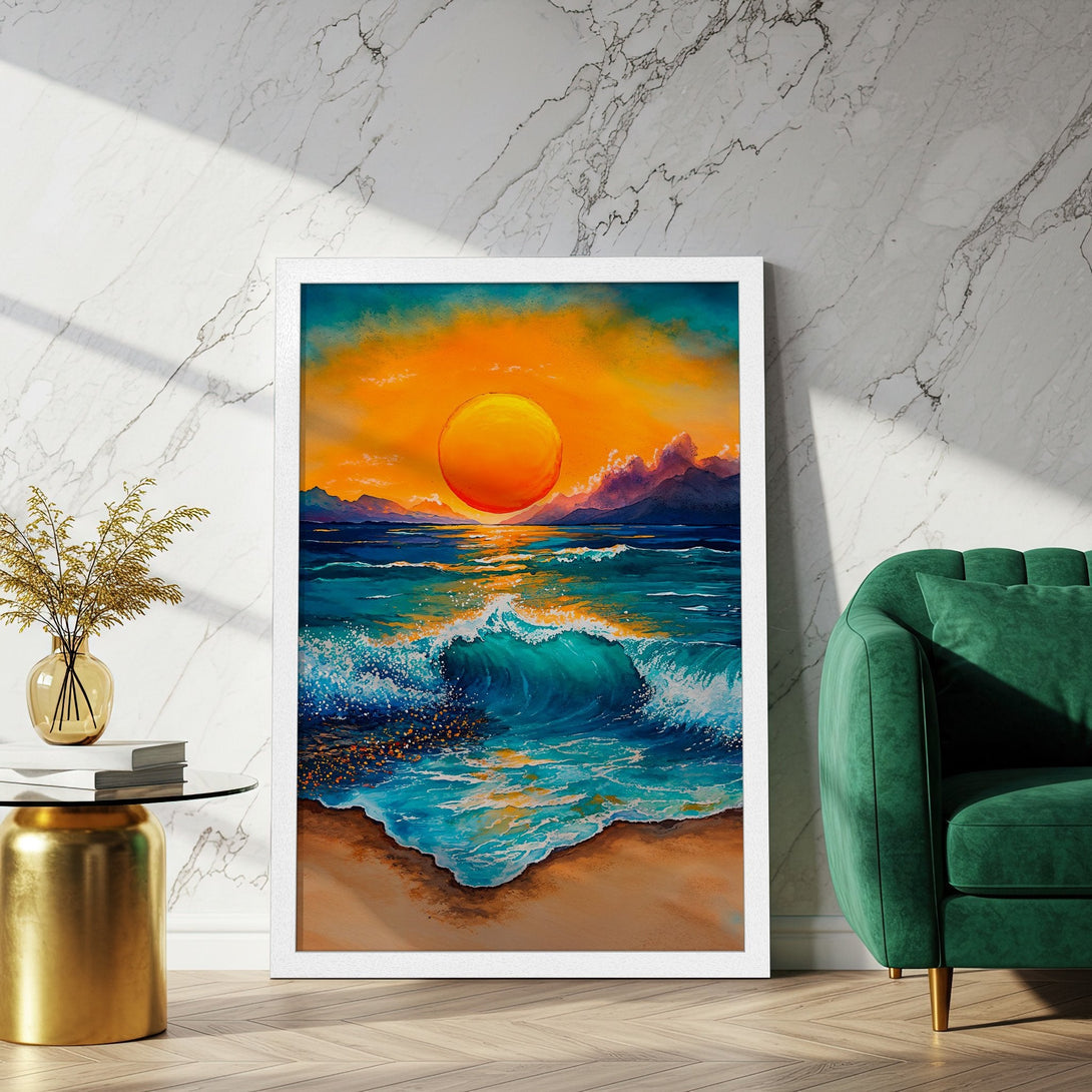 Framed Poster of a vibrant sunset over the ocean. Impressionistic style with warm orange, blue, and teal tones. Perfect wall art for a calming space.