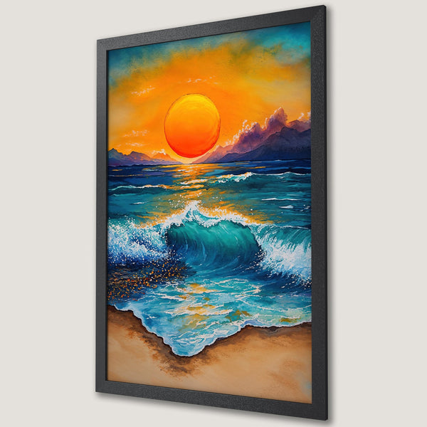 Framed Poster of a vibrant ocean sunset painting. Features teal, orange, and blue color palette, with a beautiful seascape. Perfect wall art.