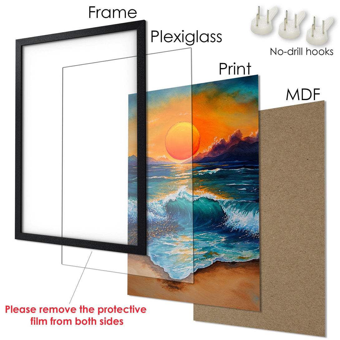 Framed Poster of a sunset over the ocean. Artistic style with vibrant orange, blue, and brown color palette. Ready to hang art.