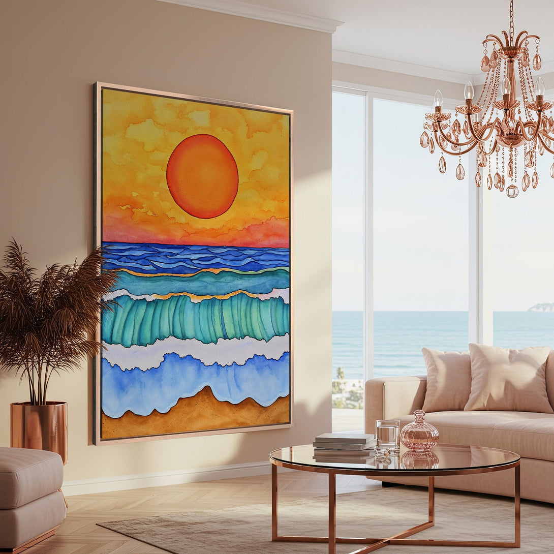 Framed Wall Art: Watercolor ocean scene with sunset in warm orange and blue hues. Coastal artwork adds a pop of color to any space.