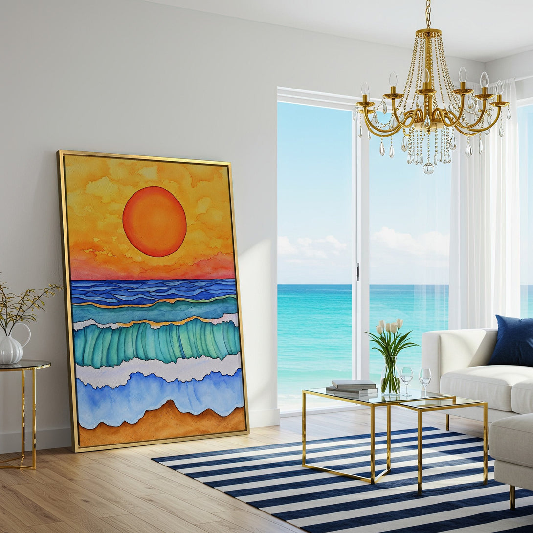 Canvas Print of a vibrant watercolor seascape with sunset. Features warm orange, blue, and green hues. Perfect coastal wall art for a living room.