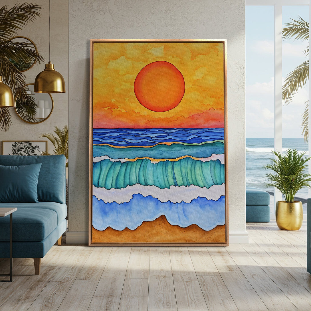 Framed Wall Art: Watercolor sunset and ocean waves in vibrant orange, blue and turquoise. Coastal decor for a calming, artistic interior.