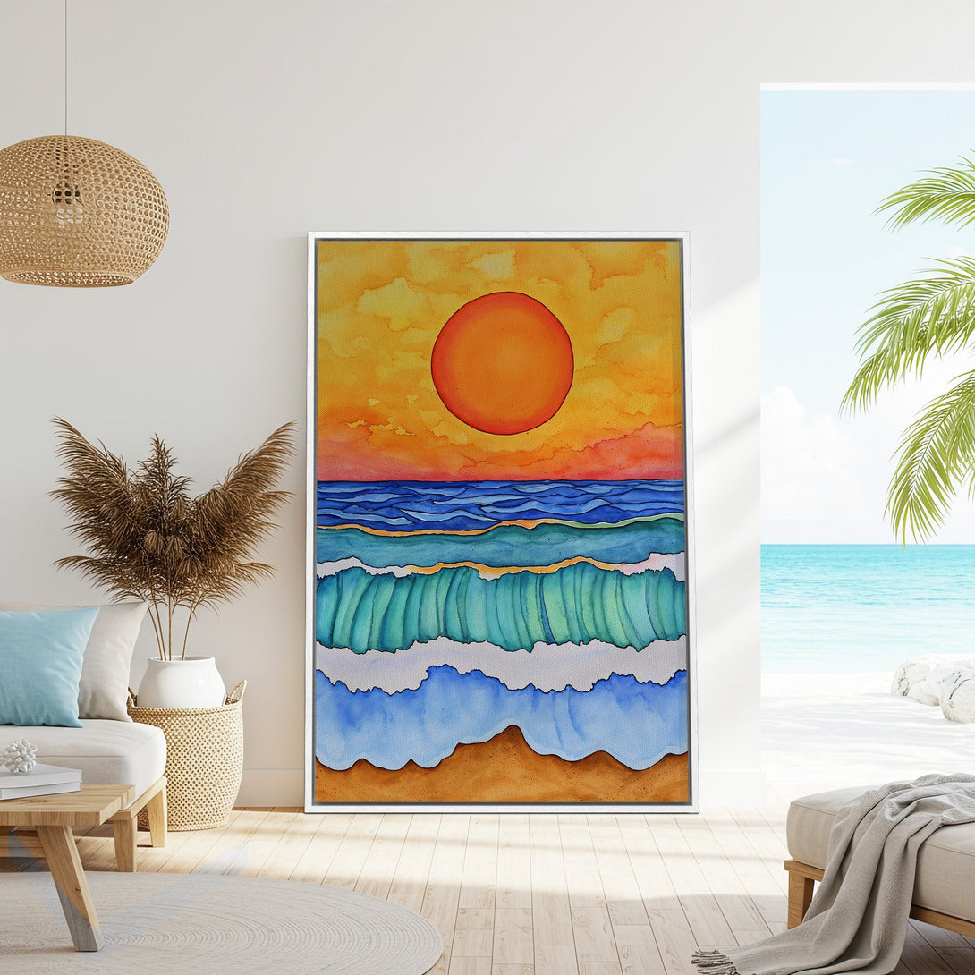 Framed Wall Art: Watercolor beach scene with vibrant sunset, ocean waves in blue & green, and warm orange hues. Coastal decor for a relaxing vibe.