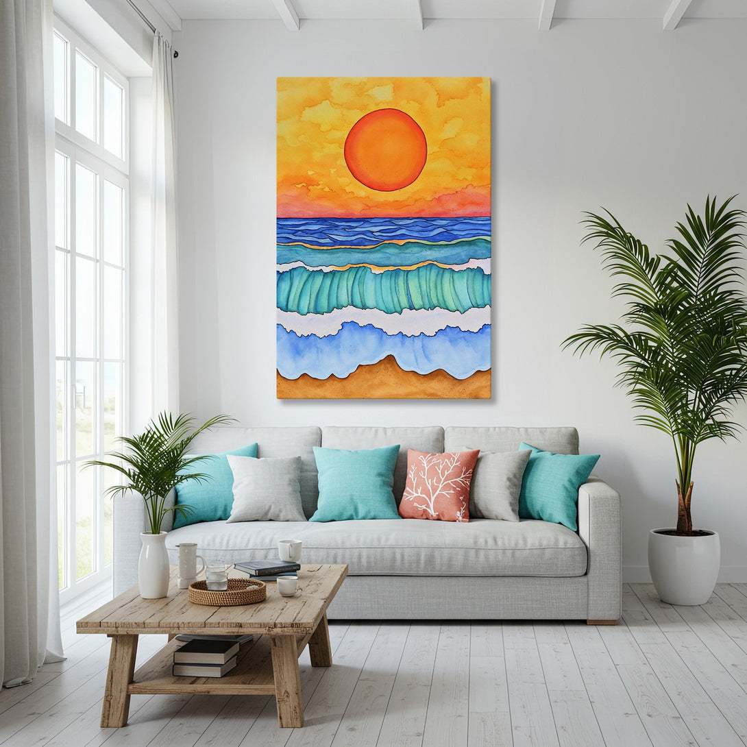 Framed Wall Art: Watercolor sunset beach scene in a coastal living room. Orange, yellow, and blue color palette. Perfect for adding a touch of serenity.